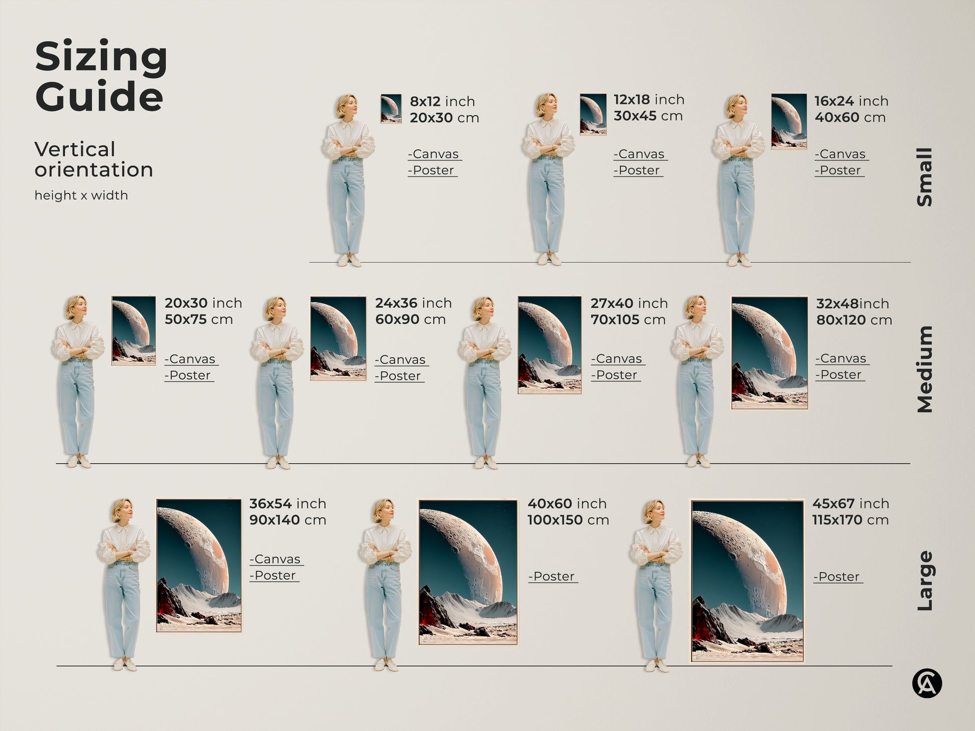 Sizing guide for vertical surreal space landscape art. See how different sizes fit in a room. Choose from canvas or poster options in small medium and large. Transform your living space with captivating cratered planet artwork in various sizes. Perfect for any home.