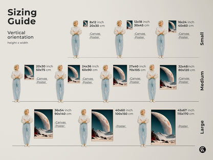 Sizing guide for vertical surreal space landscape art. See how different sizes fit in a room. Choose from canvas or poster options in small medium and large. Transform your living space with captivating cratered planet artwork in various sizes. Perfect for any home.