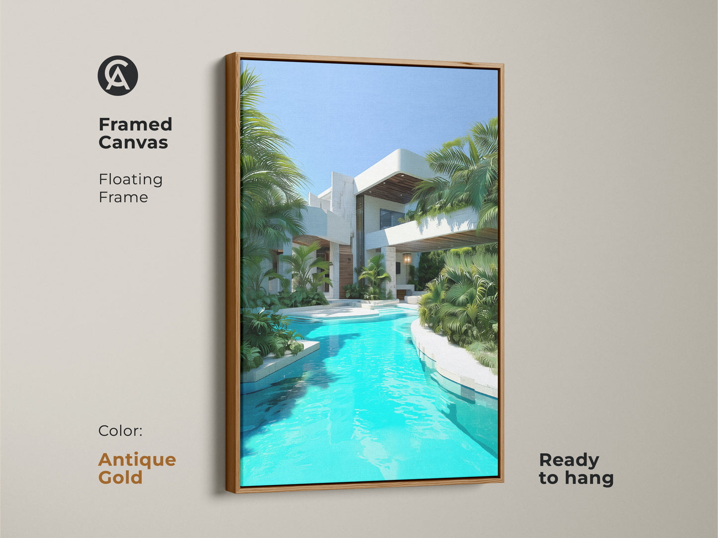 Enhance your decor with this framed canvas art featuring a modern villa. Enjoy the turquoise pool and lush palm trees bringing tropical luxury to your space. The antique gold floating frame adds a touch of elegance. This unique architectural art is ready to hang.