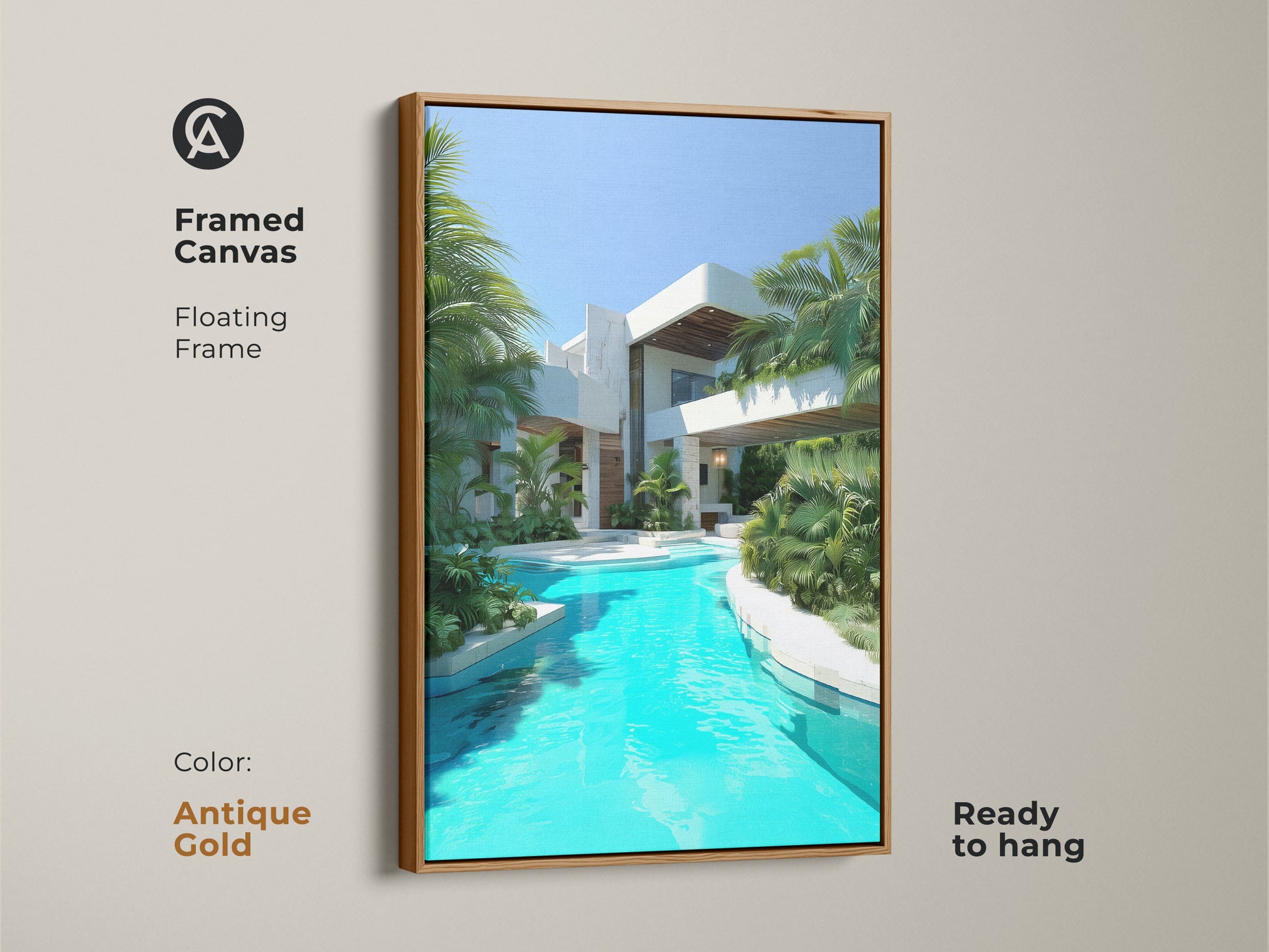Enhance your decor with this framed canvas art featuring a modern villa. Enjoy the turquoise pool and lush palm trees bringing tropical luxury to your space. The antique gold floating frame adds a touch of elegance. This unique architectural art is ready to hang.