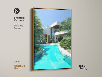 Enhance your decor with this framed canvas art featuring a modern villa. Enjoy the turquoise pool and lush palm trees bringing tropical luxury to your space. The antique gold floating frame adds a touch of elegance. This unique architectural art is ready to hang.