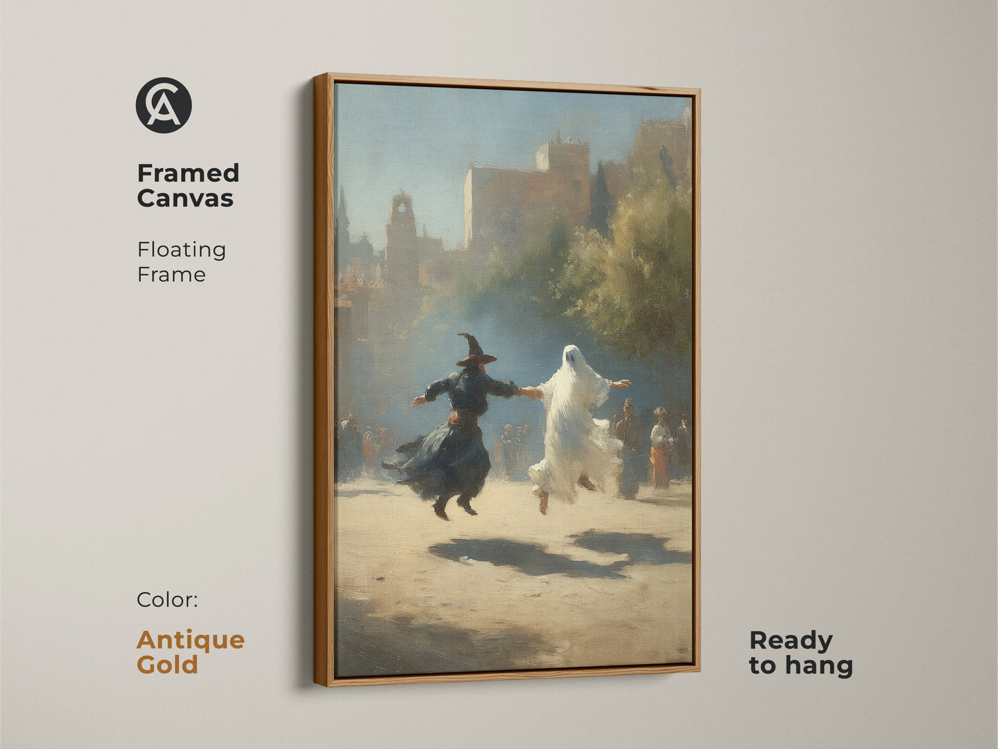 Framed canvas with antique gold frame showcases gothic witch and ghost dance art. This Halloween fantasy wall art is classical realism in sepia tones. Ready to hang earth tone wall decor for a study room or eclectic home. This historical art print offers supernatural theme art.