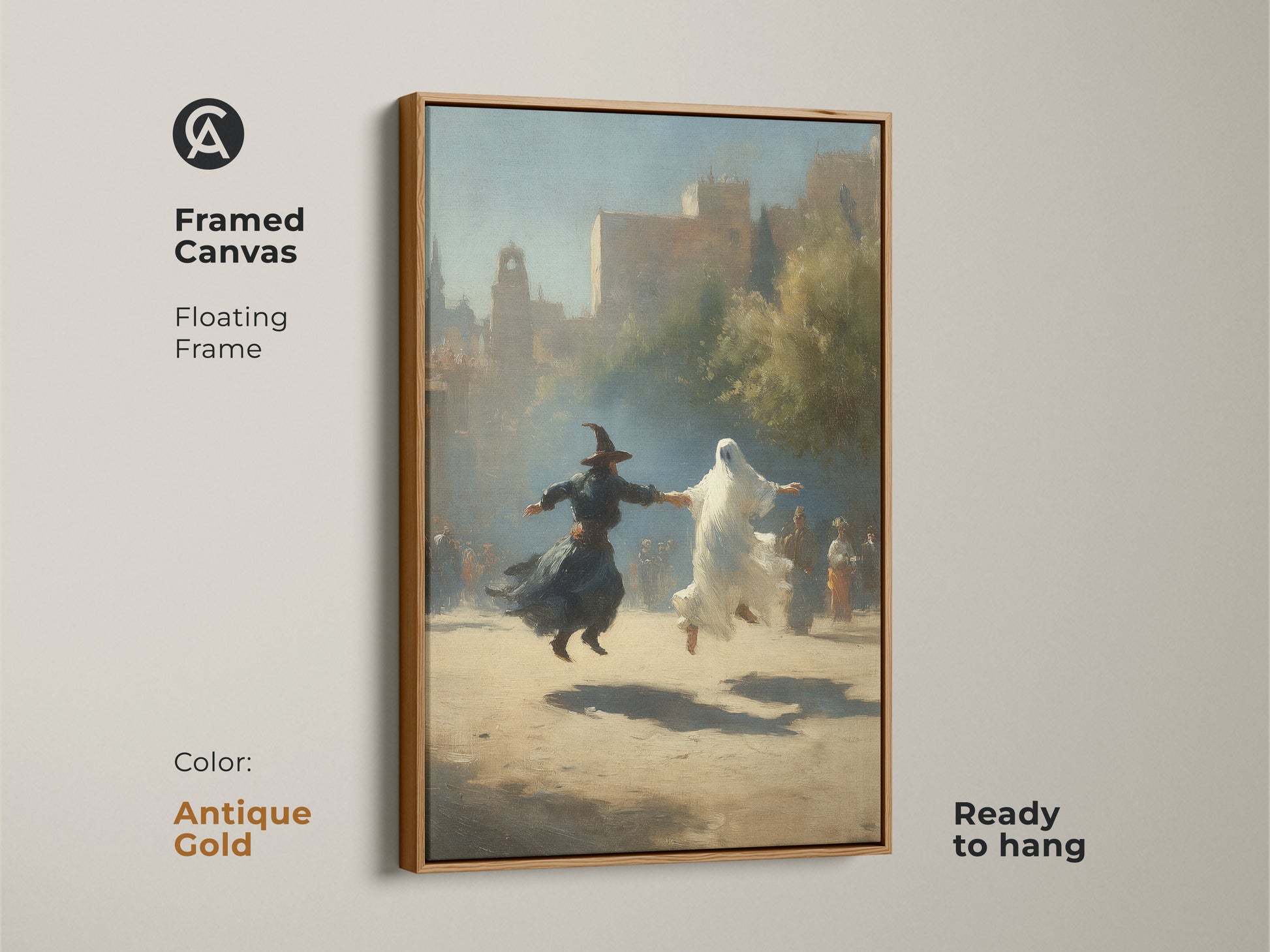 Framed canvas with antique gold frame showcases gothic witch and ghost dance art. This Halloween fantasy wall art is classical realism in sepia tones. Ready to hang earth tone wall decor for a study room or eclectic home. This historical art print offers supernatural theme art.