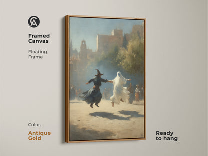 Framed canvas with antique gold frame showcases gothic witch and ghost dance art. This Halloween fantasy wall art is classical realism in sepia tones. Ready to hang earth tone wall decor for a study room or eclectic home. This historical art print offers supernatural theme art.