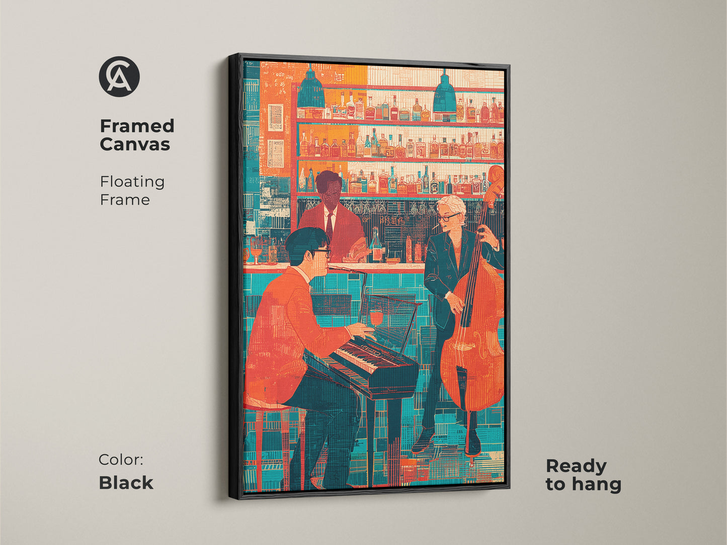 Black framed canvas featuring a floating frame showcasing a jazz bar artwork. This retro jazz art print presents a pianist and double bass player. The orange and teal hues create a colorful vibrant atmosphere. This eclectic music wall art is ready to hang adding a sophisticated touch to any space.