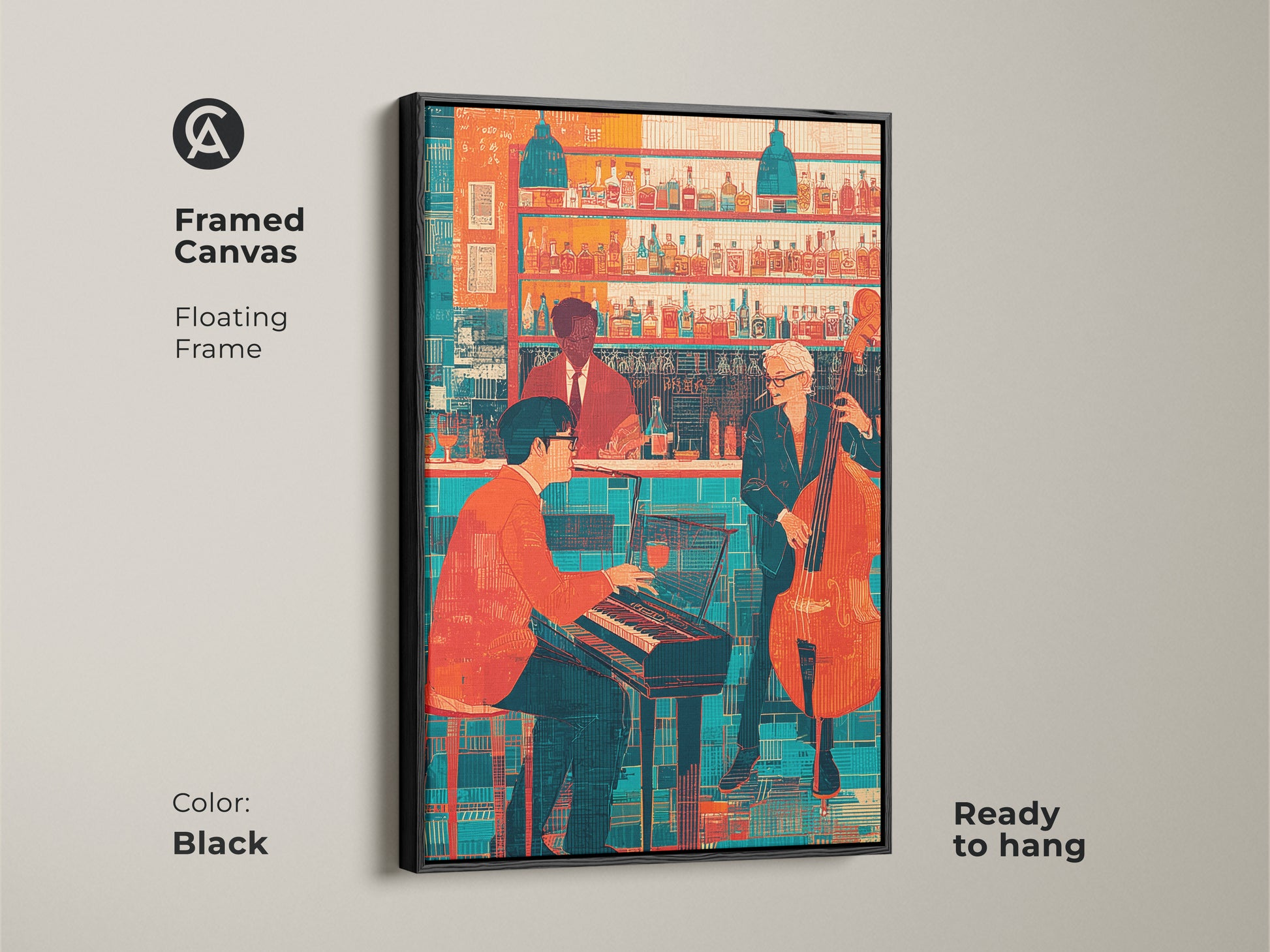 Black framed canvas featuring a floating frame showcasing a jazz bar artwork. This retro jazz art print presents a pianist and double bass player. The orange and teal hues create a colorful vibrant atmosphere. This eclectic music wall art is ready to hang adding a sophisticated touch to any space.