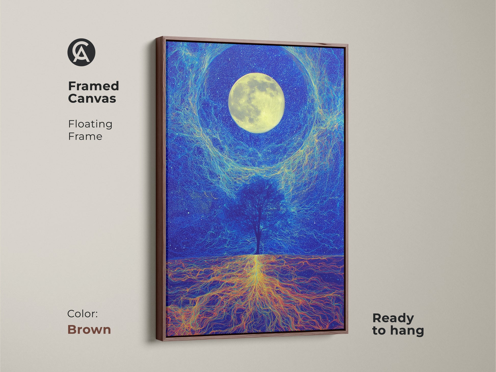 Framed canvas of the celestial roots artwork with a floating brown frame. Ready to hang in any home office. The deep blue moon canvas creates a tranquil environment. The artwork showcases a surreal cosmic tree. A beautiful addition to eclectic decor.