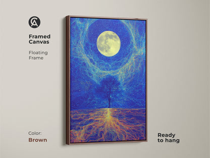 Framed canvas of the celestial roots artwork with a floating brown frame. Ready to hang in any home office. The deep blue moon canvas creates a tranquil environment. The artwork showcases a surreal cosmic tree. A beautiful addition to eclectic decor.