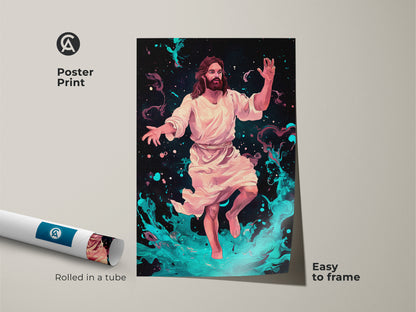 Poster Print of Jesus Christ Abstract rolled in a tube. This spiritual wall decor is easy to frame. Abstract cosmic art religious painting is teal and perfect faith gift for friend. Celestial Jesus artwork.