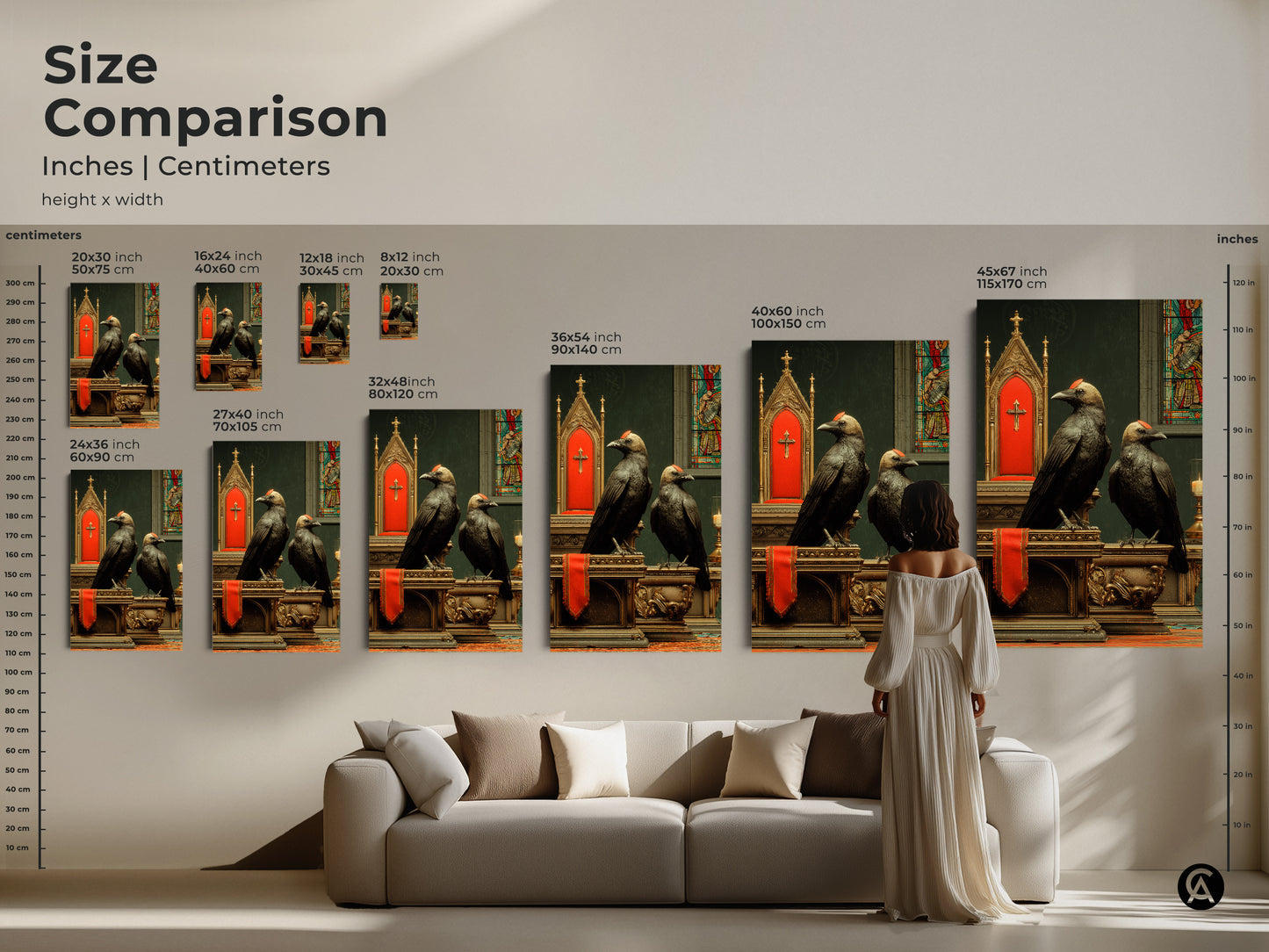 Size comparison of Gothic Altar Crow Art Print. Explore options for canvas and poster prints. Visualize the art in various sizes from 16x24 to 45x67 inches. Enhance your eclectic study room decor.