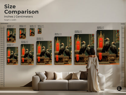 Size comparison of Gothic Altar Crow Art Print. Explore options for canvas and poster prints. Visualize the art in various sizes from 16x24 to 45x67 inches. Enhance your eclectic study room decor.