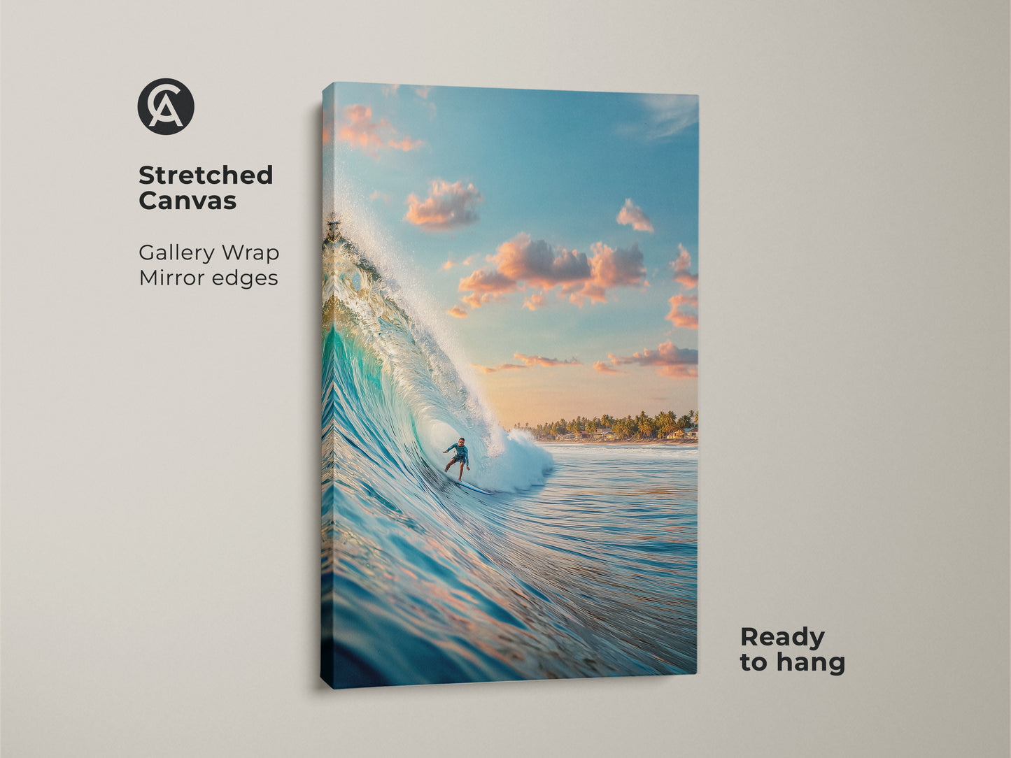 This stretched canvas artwork showcases a surfer skillfully riding a wave. The gallery wrap features mirror edges. Ready to hang this piece brings the ocean's energy to any space. A great choice for modern coastal decor.