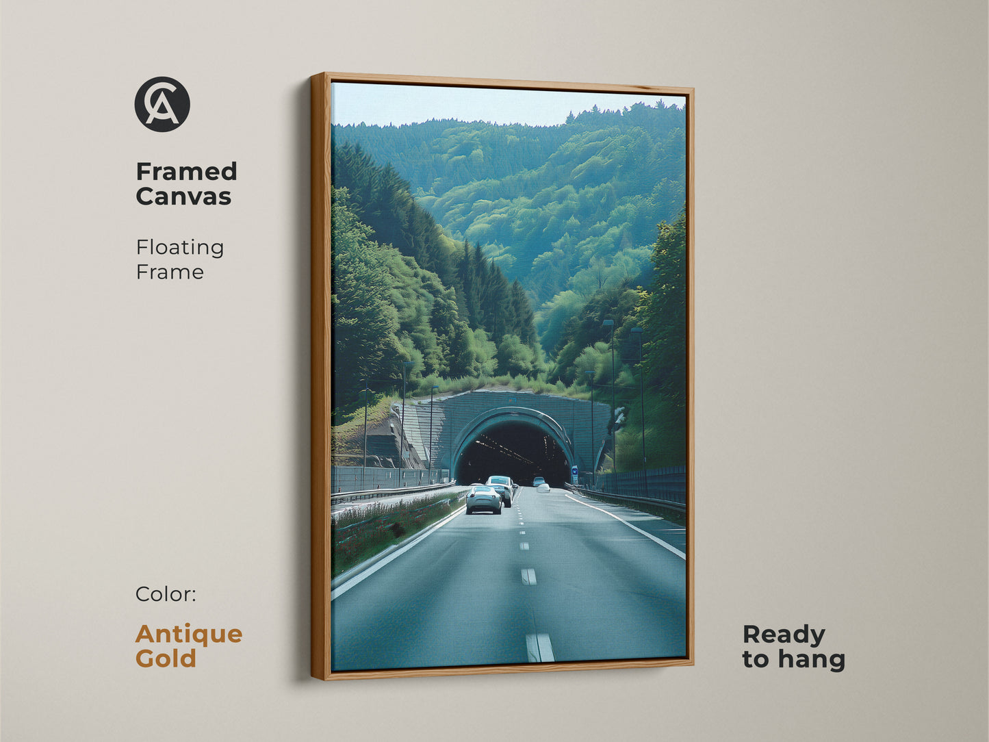 A framed canvas with an antique gold floating frame presents Green Forest Tunnel art. Ready to hang contemporary travel landscape. It showcases realistic car photography. Perfect travel destination canvas for car lovers. An automotive themed wall art and scenic nature print ideal for modern home art.