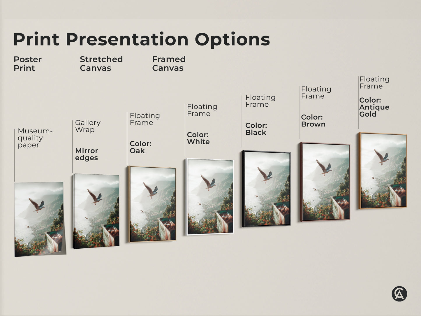 Explore print presentation options like poster print stretched canvas and framed canvas. These options show the teal green grey coastal artwork. Seagulls are flying over a seaside town offering museum-quality paper and floating frames in black brown oak white and antique gold.