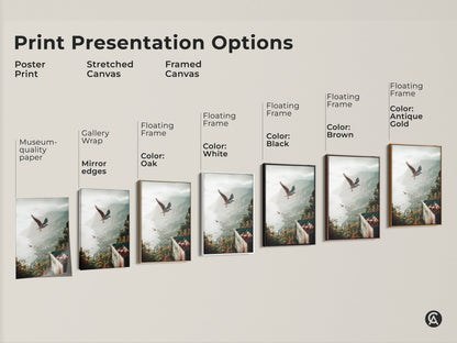 Explore print presentation options like poster print stretched canvas and framed canvas. These options show the teal green grey coastal artwork. Seagulls are flying over a seaside town offering museum-quality paper and floating frames in black brown oak white and antique gold.