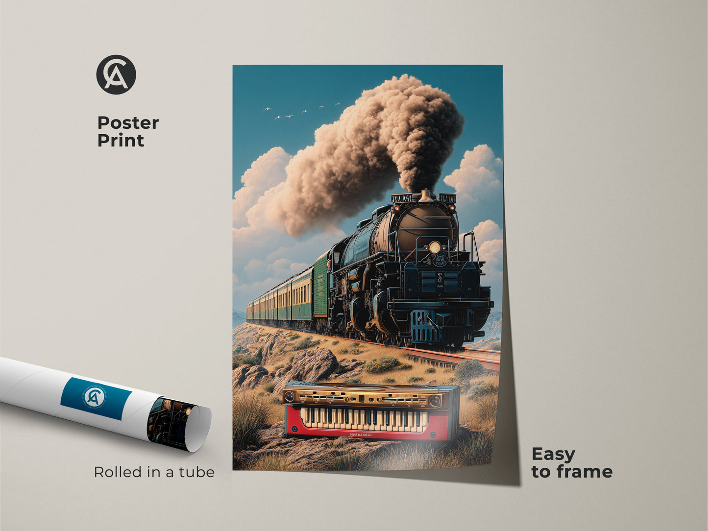Poster print features a vintage steam train artwork with a keyboard. Surreal locomotive blends music transport & retro themes. Easy to frame for study office or home decor. Perfect gift for music lover or train enthusiast. The unique wall art is rolled in a tube for protection.