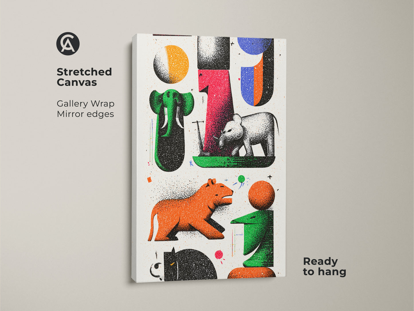 This stretched canvas showcases modern folk art with abstract animals. The gallery wrap and mirror edges create a seamless look. The eclectic animal artwork features green red and orange tones. It includes elephants and tigers in a retro style. Ready to hang this art adds color to any space. The canvas is a perfect housewarming or animal lover gift.