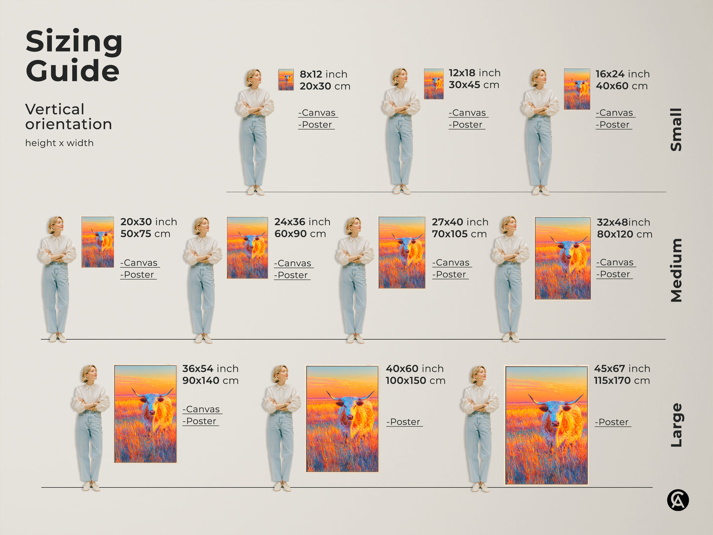 Sizing guide for vertical longhorn art prints. Find the perfect size for your space. Available as canvas or poster in small medium and large. Visualize the artwork with a model for scale.