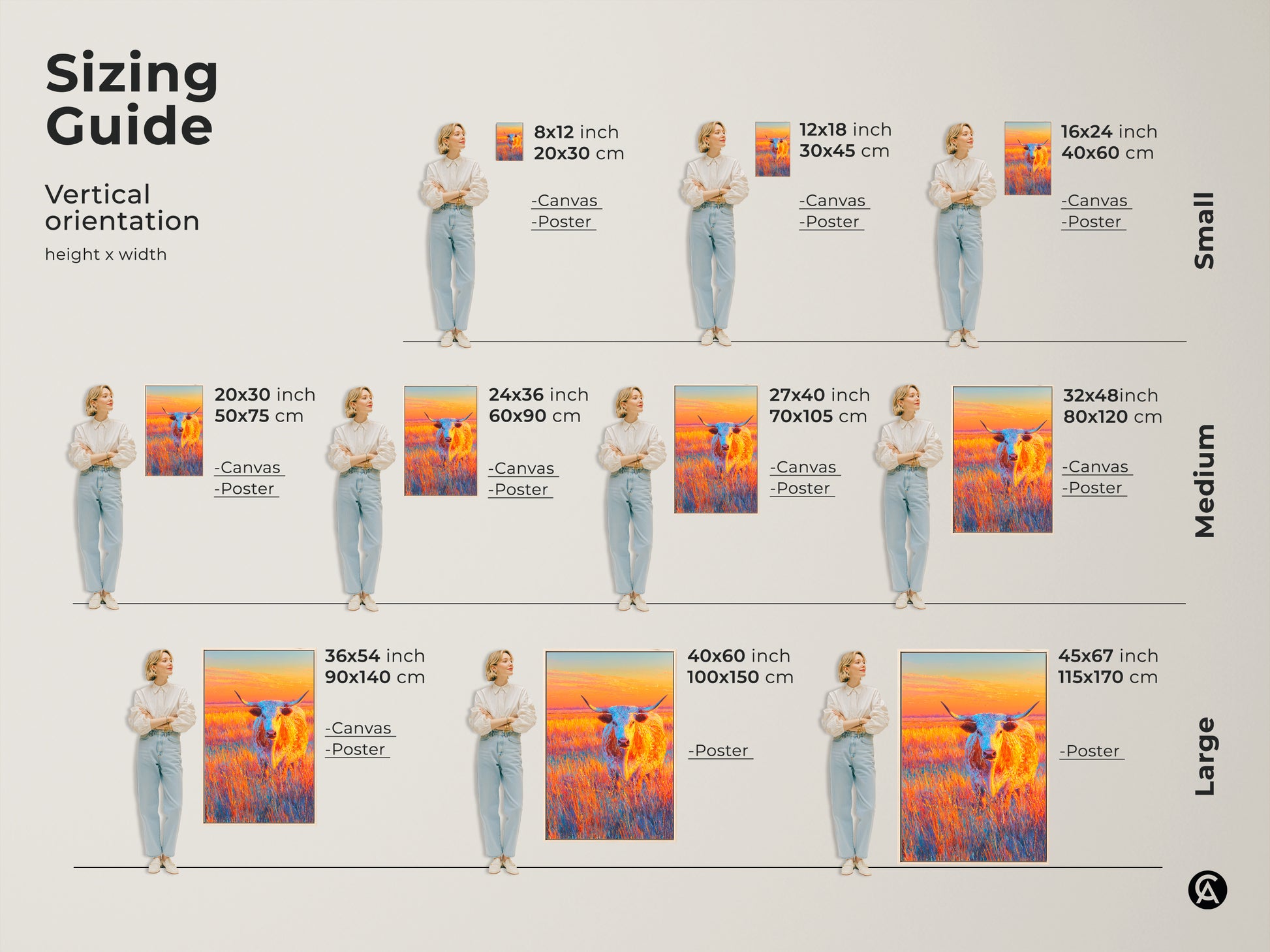 Sizing guide for vertical longhorn art prints. Find the perfect size for your space. Available as canvas or poster in small medium and large. Visualize the artwork with a model for scale.