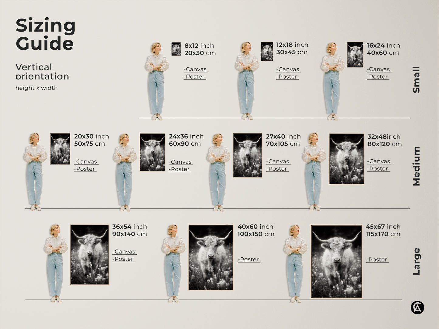 Sizing guide for longhorn canvas and poster prints. Vertical orientation options include small medium and large sizes. Select the perfect size for your space. Each artwork showcases a black and white photograph.