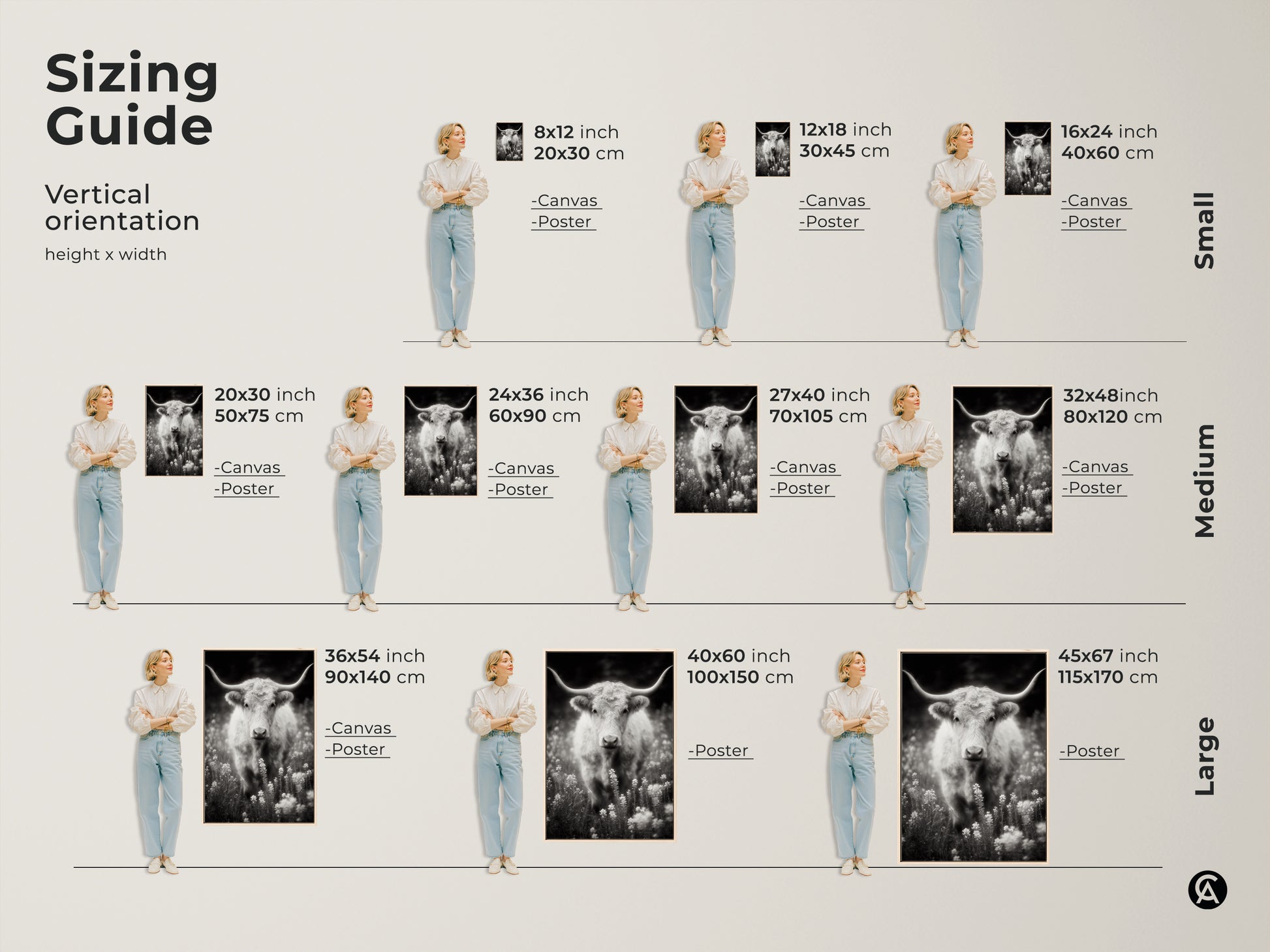 Sizing guide for longhorn canvas and poster prints. Vertical orientation options include small medium and large sizes. Select the perfect size for your space. Each artwork showcases a black and white photograph.