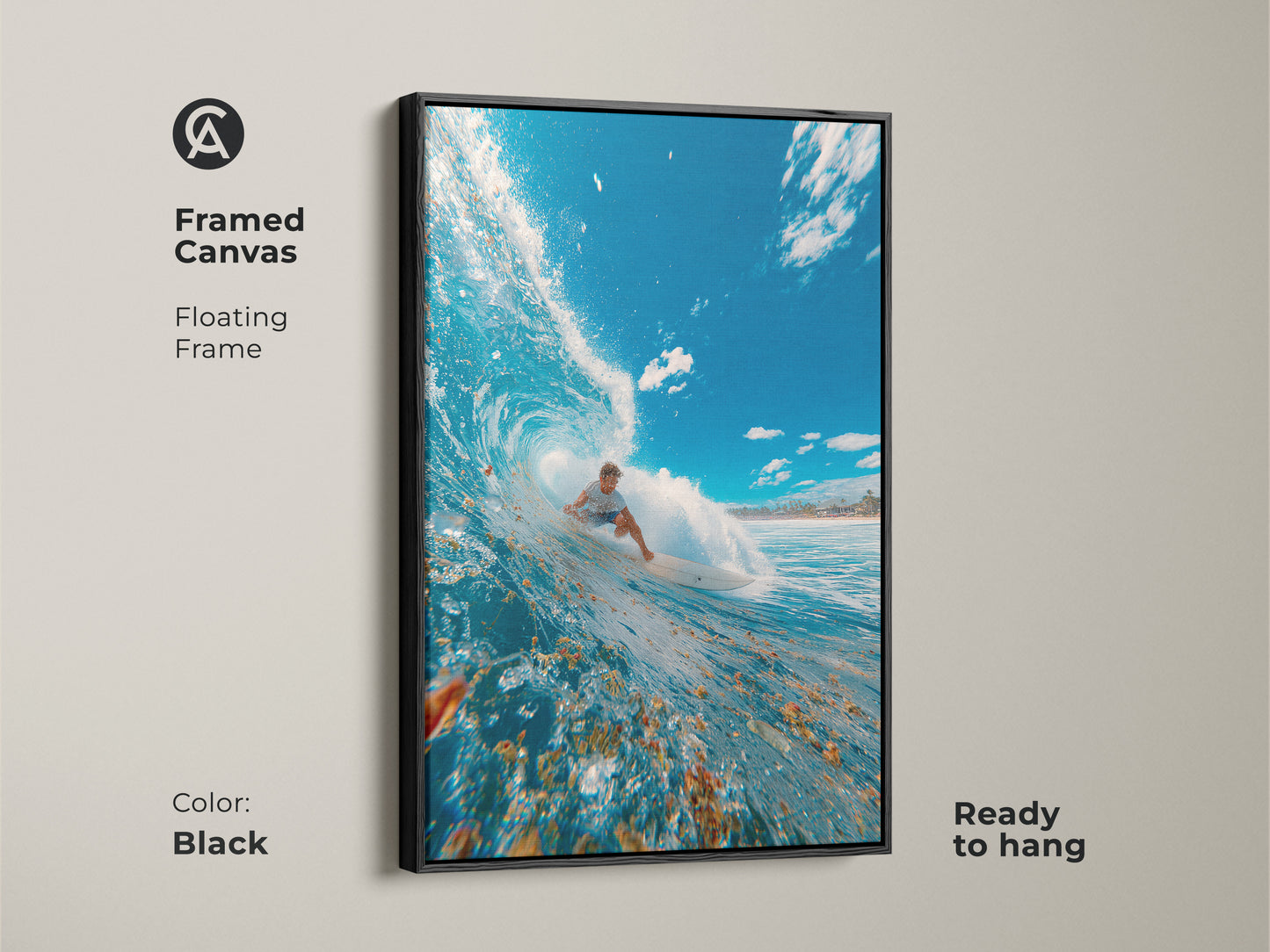 Framed canvas art with a black floating frame featuring a surfer riding a wave. Ready to hang. The black frame enhances the vivid colors of the ocean and surfer. This artwork brings a modern touch to any space. Perfect for adding a dynamic and adventurous feel to your home decor.