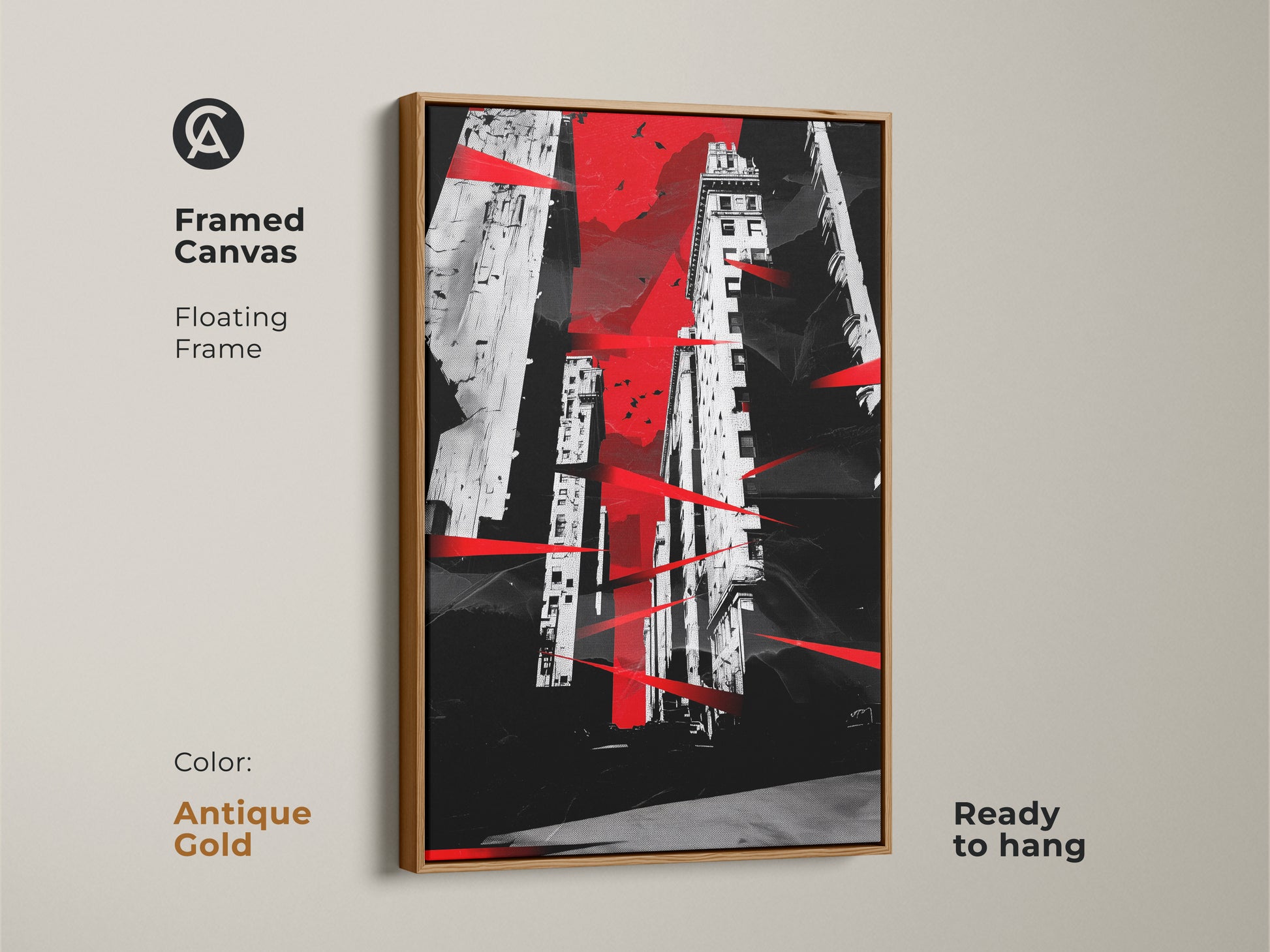 Antique gold framed canvas with an abstract cityscape. Floating frame enhances the contemporary art. This red black and white canvas print is ready to hang. Perfect for adding a modern touch to your home or office. Features urban architecture and subtle bird accents.