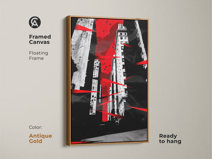 Antique gold framed canvas with an abstract cityscape. Floating frame enhances the contemporary art. This red black and white canvas print is ready to hang. Perfect for adding a modern touch to your home or office. Features urban architecture and subtle bird accents.