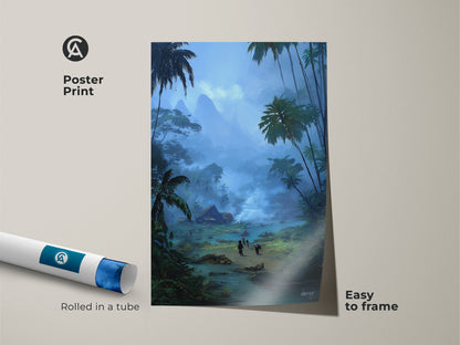 This poster print showcases a tropical village art. The misty mountain artwork is easy to frame. Rolled in a tube this boho palm tree art is perfect for bohemian bedroom decor. Teal blue artwork brings nature indoors. A serene landscape canvas for travel enthusiasts.