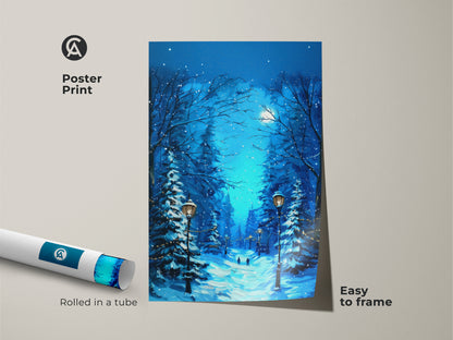 Deep blue snowy forest poster print creating a cozy Christmas decor. The moonlit winter landscape features charming street lamps. This winter wonderland art is easy to frame. The blue cyan art print is rolled in a tube. A perfect holiday gift for her. This traditional Christmas art brings a festive touch
