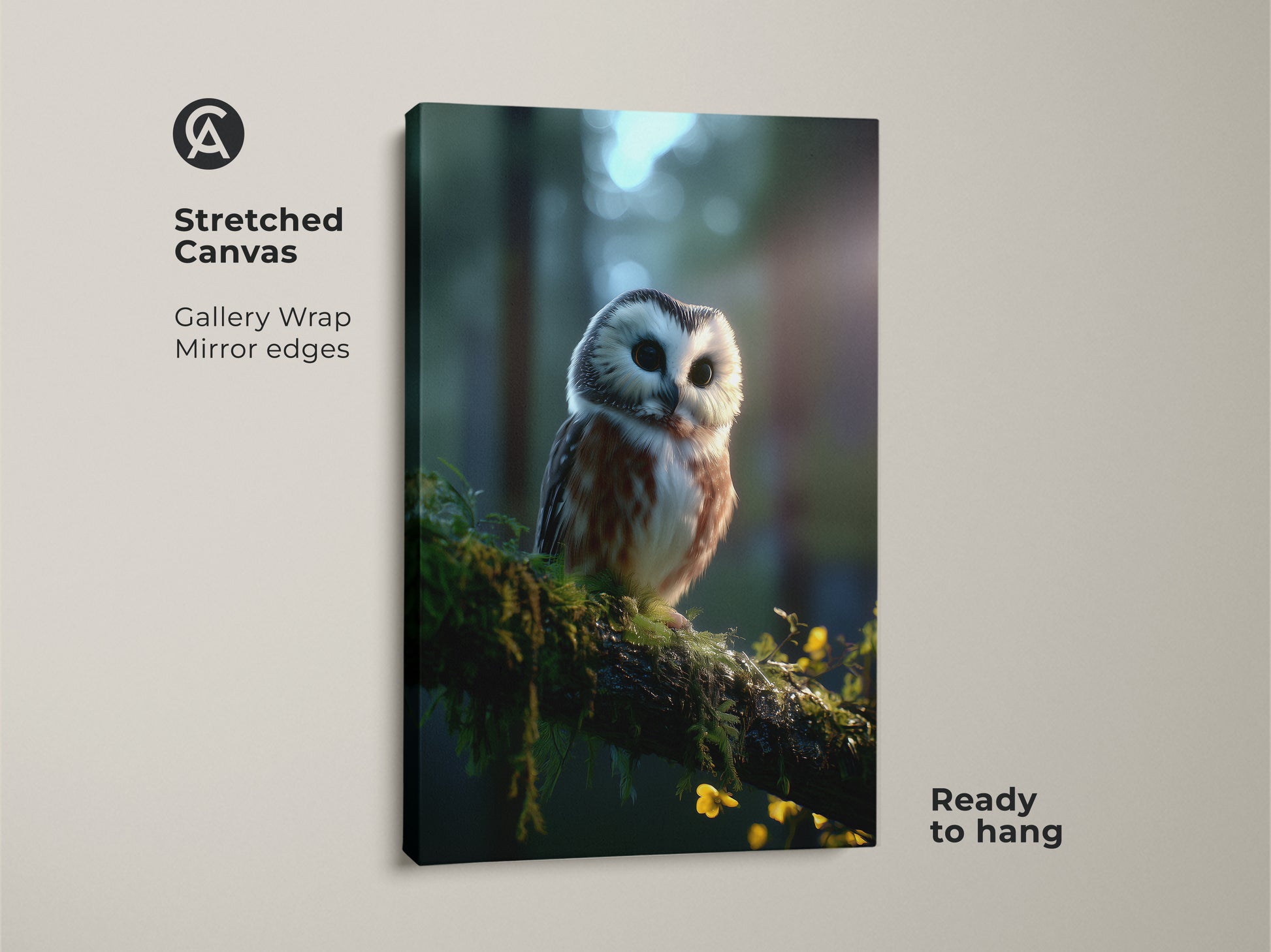 Stretched canvas gallery wrap print of a forest wildlife owl. The rustic nature decor shows an owl perched on a mossy branch. The mirror edges enhance the owl photography artwork. Ready to hang this brown white green canvas in your home.
