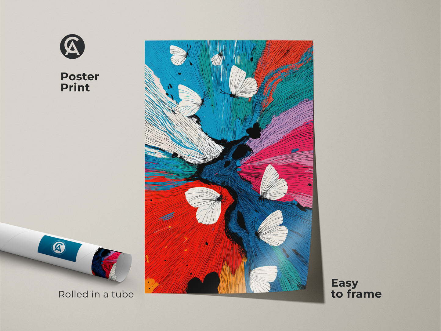 Poster print displays abstract butterfly art with a contemporary floral theme. Red blue teal artwork rolls easily for framing. The nature insect motif brings an eclectic touch to home decor. Its vibrant abstract painting is a colorful wall decor. This unique home art is a thoughtful gift.