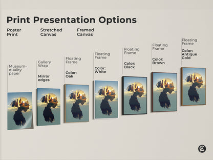 Explore print presentation options for double exposure cityscape artwork. Choose from poster prints stretched canvas or framed canvas. These surreal female profile art pieces showcase a golden hour city skyline. Find the perfect contemporary artwork for your space.