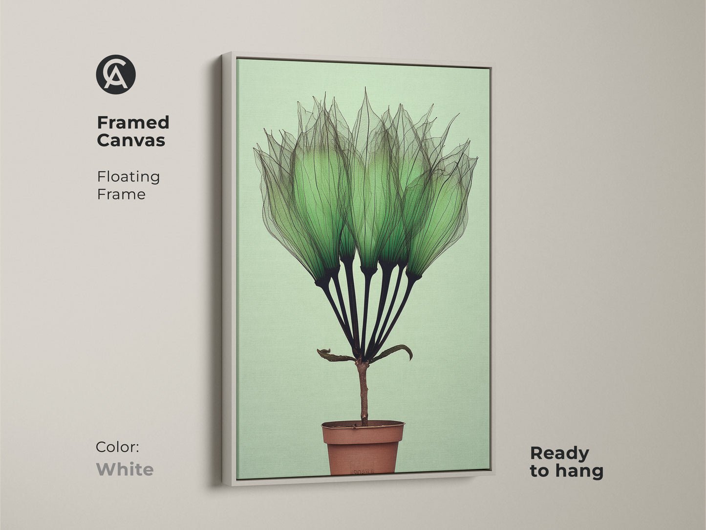 White Framed Canvas Botanical Art Print features delicate translucent green petals. This Mint Green Potted Plant Wall Art has minimalist abstract style. This Scandinavian Canvas is an ideal Gift for Plant Lovers. Ready to hang minimalist botanical art.