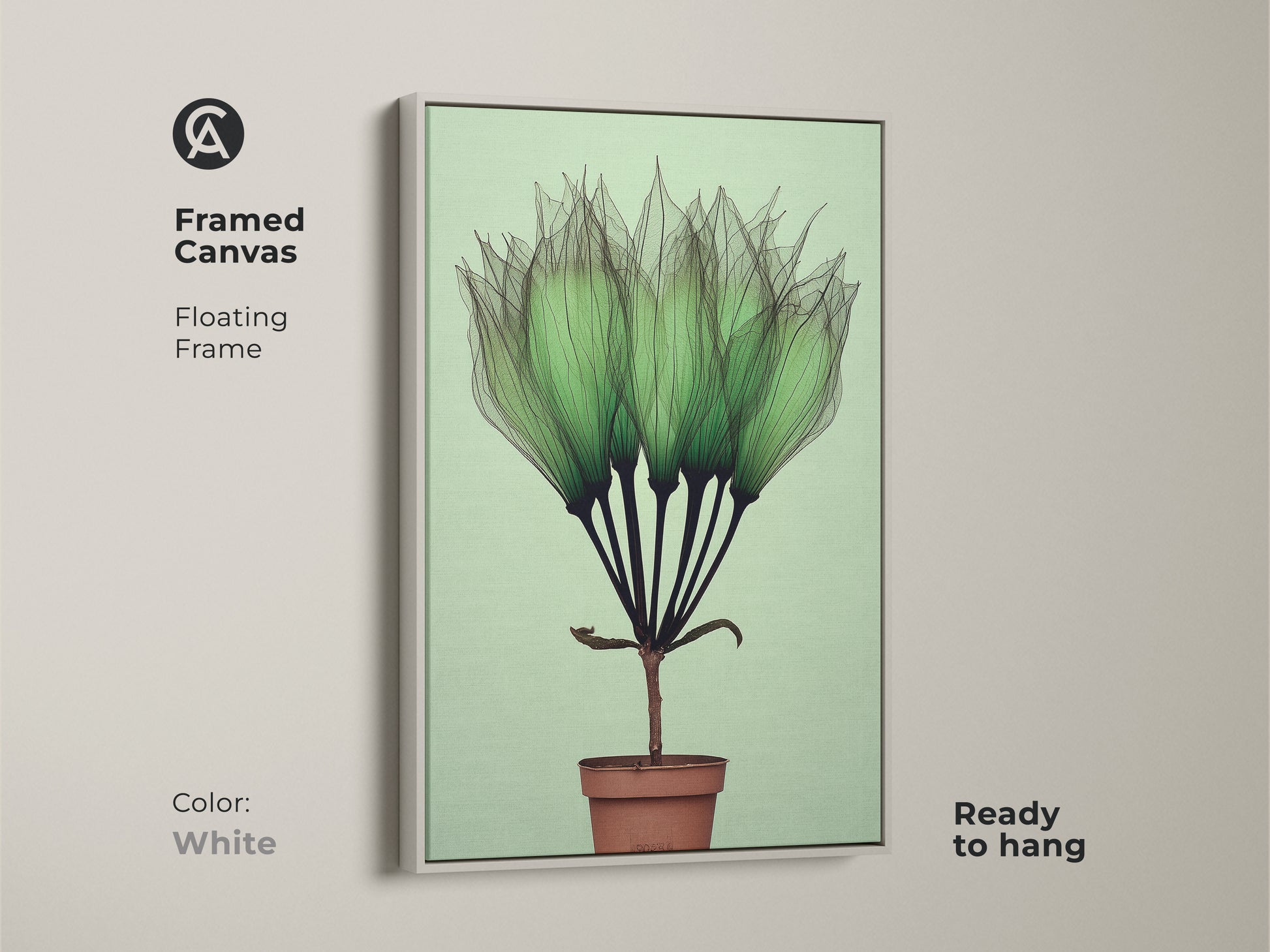 White Framed Canvas Botanical Art Print features delicate translucent green petals. This Mint Green Potted Plant Wall Art has minimalist abstract style. This Scandinavian Canvas is an ideal Gift for Plant Lovers. Ready to hang minimalist botanical art.
