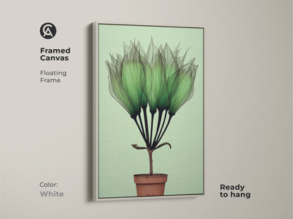 White Framed Canvas Botanical Art Print features delicate translucent green petals. This Mint Green Potted Plant Wall Art has minimalist abstract style. This Scandinavian Canvas is an ideal Gift for Plant Lovers. Ready to hang minimalist botanical art.