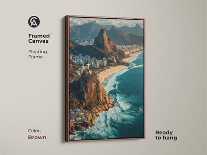 Framed canvas of Rio de Janeiro in a floating brown frame. This artwork displays Ipanema Beach and Christ the Redeemer. The ocean blue coastal landscape brings a touch of South America. A great option for modern wall art and travel photography