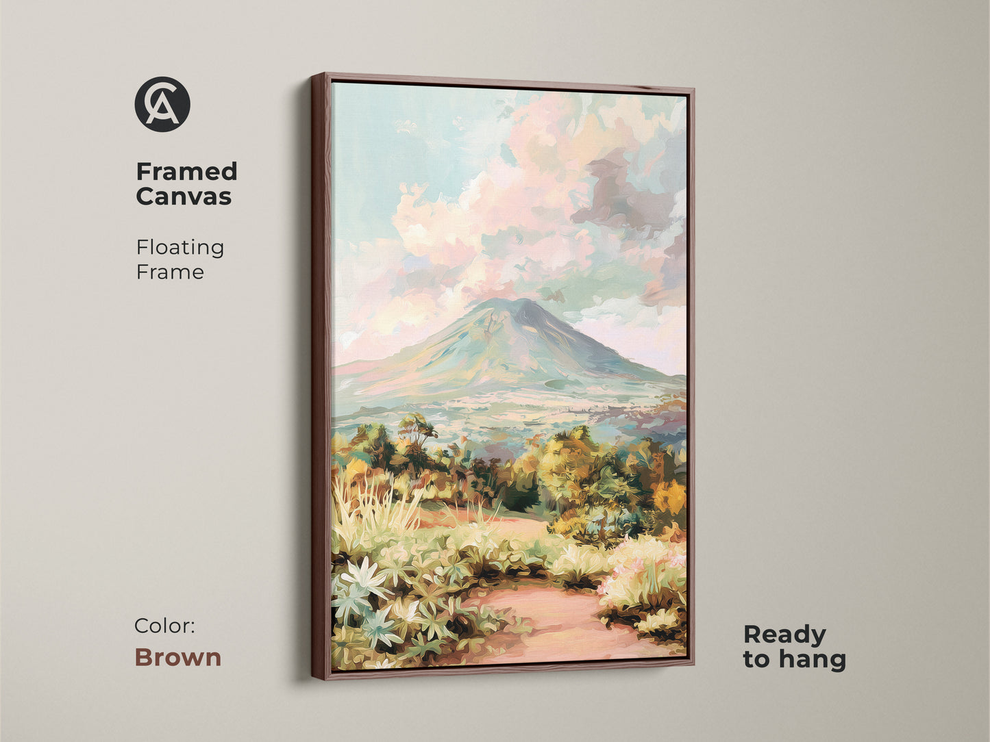 Impressionist mountain art in a brown floating frame. The volcano landscape canvas print is ready to hang. The teal green artwork adds charm to eclectic home decor. This scenic nature canvas is a thoughtful gift for her. Enjoy colorful mountain scenery with this framed art.
