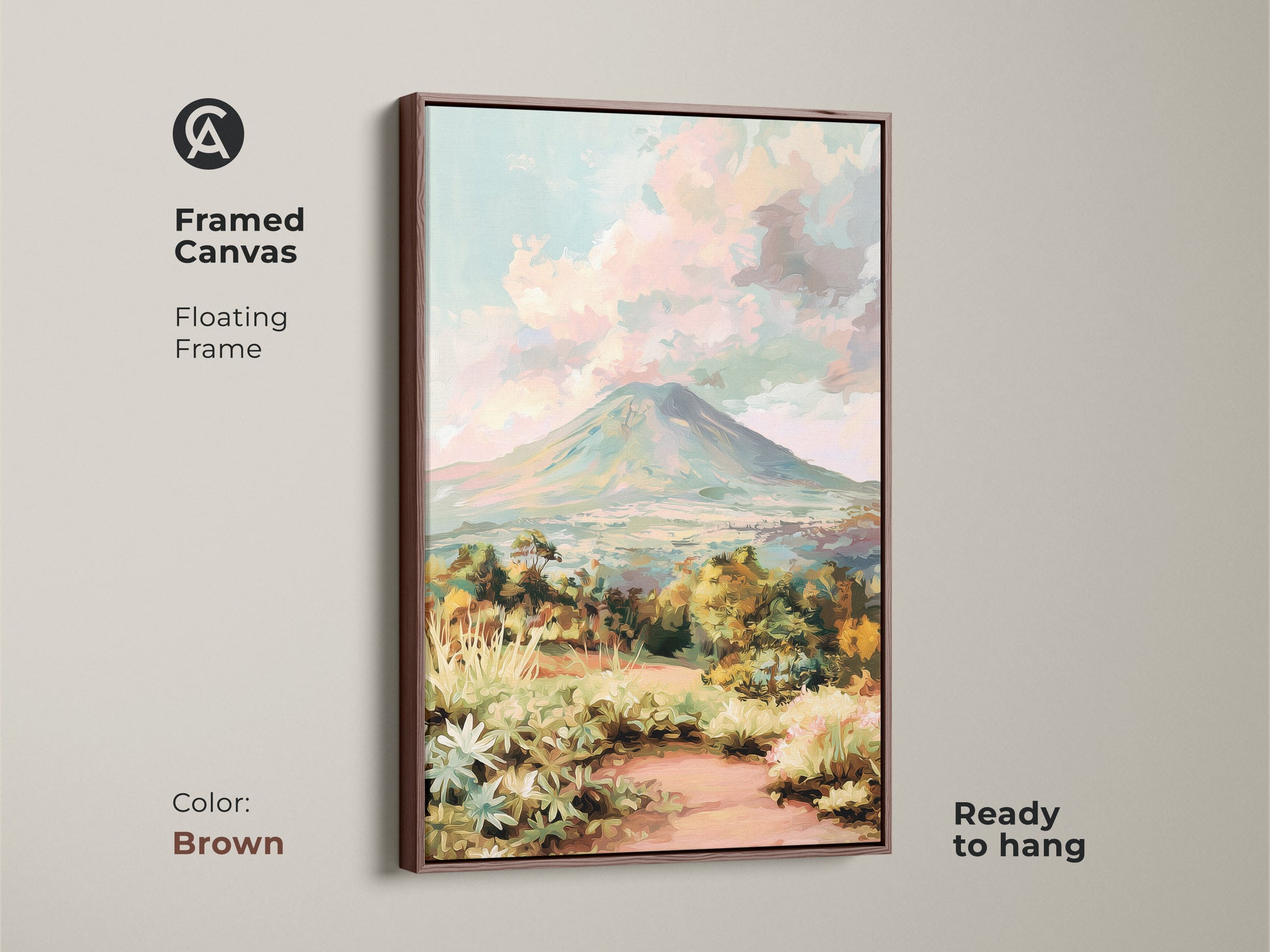 Impressionist mountain art in a brown floating frame. The volcano landscape canvas print is ready to hang. The teal green artwork adds charm to eclectic home decor. This scenic nature canvas is a thoughtful gift for her. Enjoy colorful mountain scenery with this framed art.