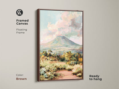 Impressionist mountain art in a brown floating frame. The volcano landscape canvas print is ready to hang. The teal green artwork adds charm to eclectic home decor. This scenic nature canvas is a thoughtful gift for her. Enjoy colorful mountain scenery with this framed art.