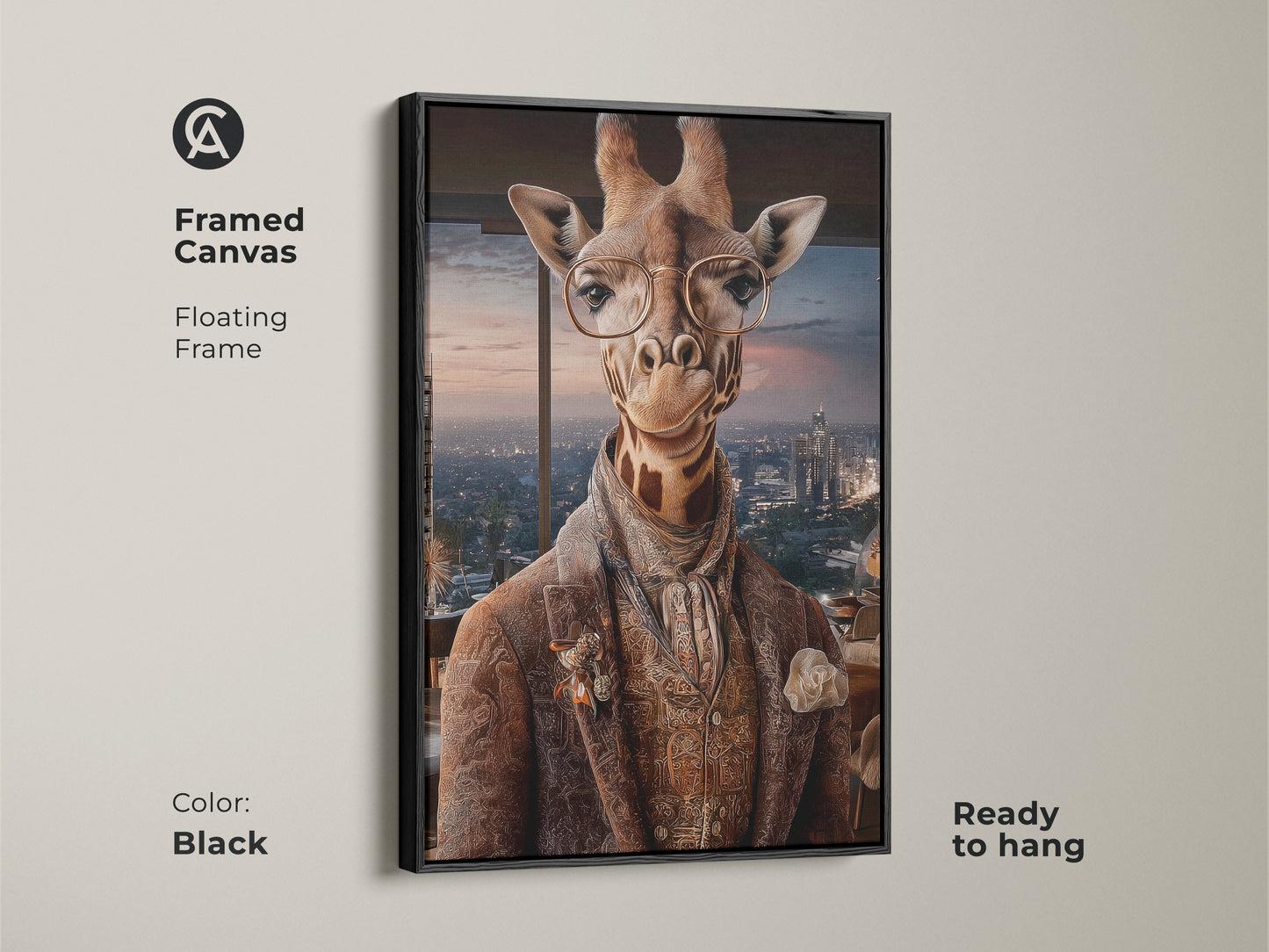 Framed canvas displays a regal giraffe in a suit with a black floating frame. The anthropomorphic animal print with cityscape background enhances office decor. It's a ready to hang sophisticated wall hanging.