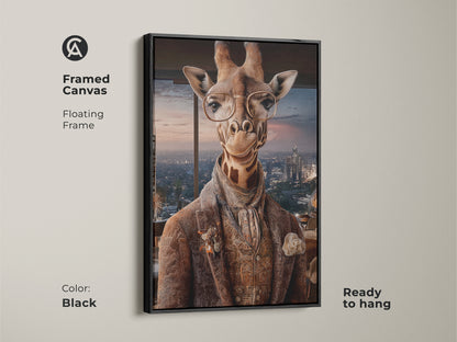 Framed canvas displays a regal giraffe in a suit with a black floating frame. The anthropomorphic animal print with cityscape background enhances office decor. It's a ready to hang sophisticated wall hanging.