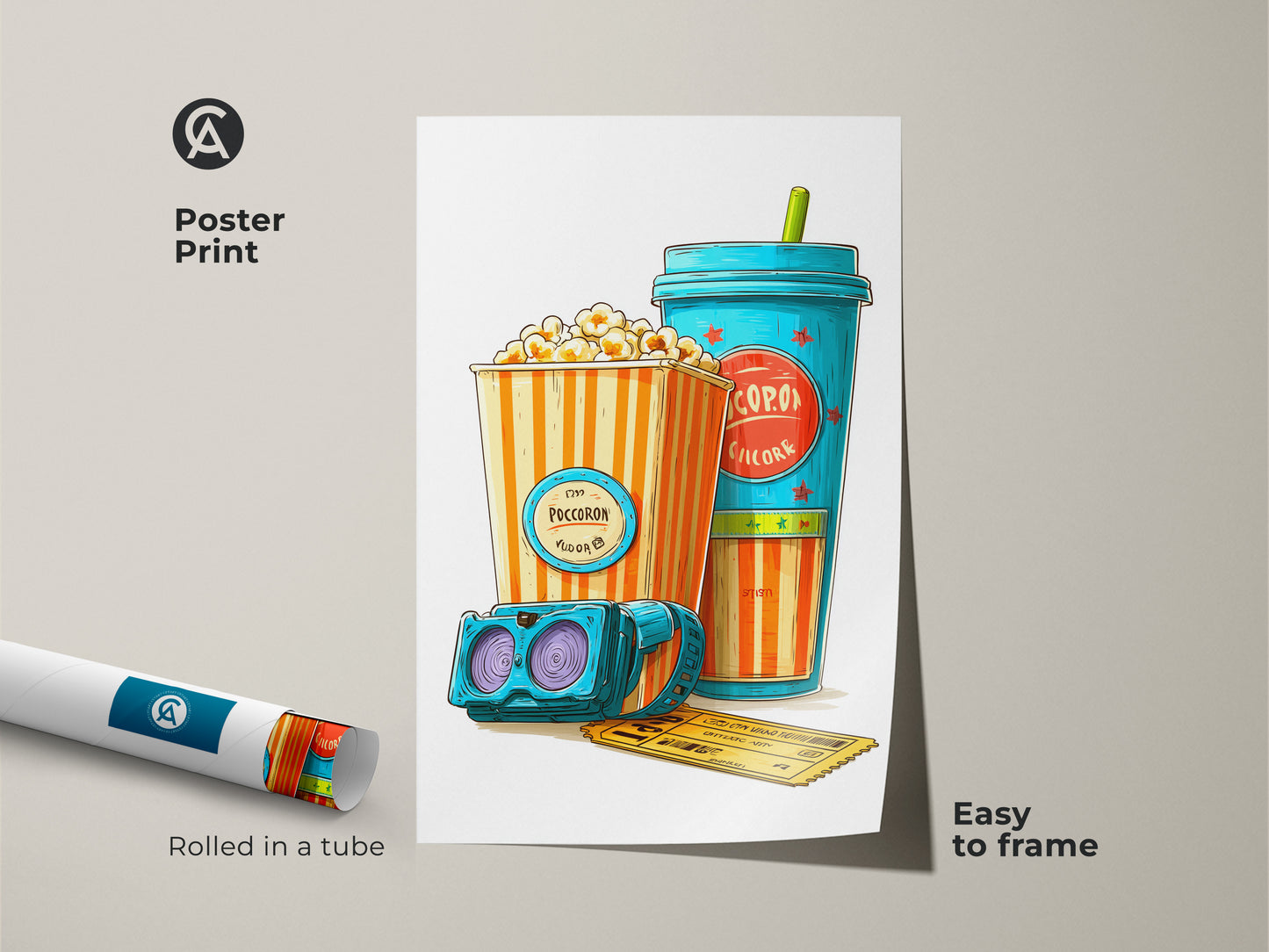Poster print of retro popcorn art. Showcases a movie theater scene with popcorn soda and 3D glasses. Eclectic home theater decor rolls up for easy framing. This teal orange pop art is a unique movie gift for film enthusiasts.