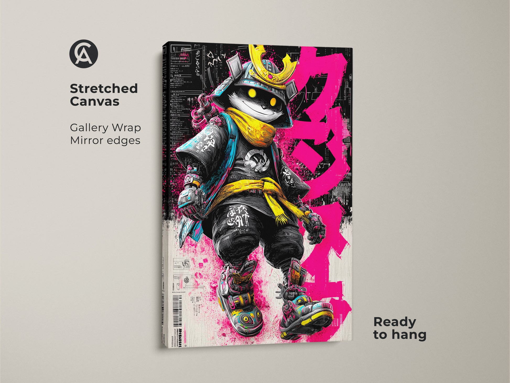 Gallery wrapped canvas print of Samurai Cat artwork. The artwork features a cat dressed as a samurai warrior. The cat wears a golden helmet and yellow scarf. The art is stretched and ready to hang. It's a unique blend of Japanese culture and modern art. Get yours today.