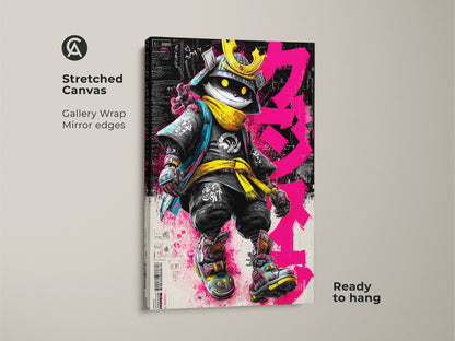 Gallery wrapped canvas print of Samurai Cat artwork. The artwork features a cat dressed as a samurai warrior. The cat wears a golden helmet and yellow scarf. The art is stretched and ready to hang. It's a unique blend of Japanese culture and modern art. Get yours today.