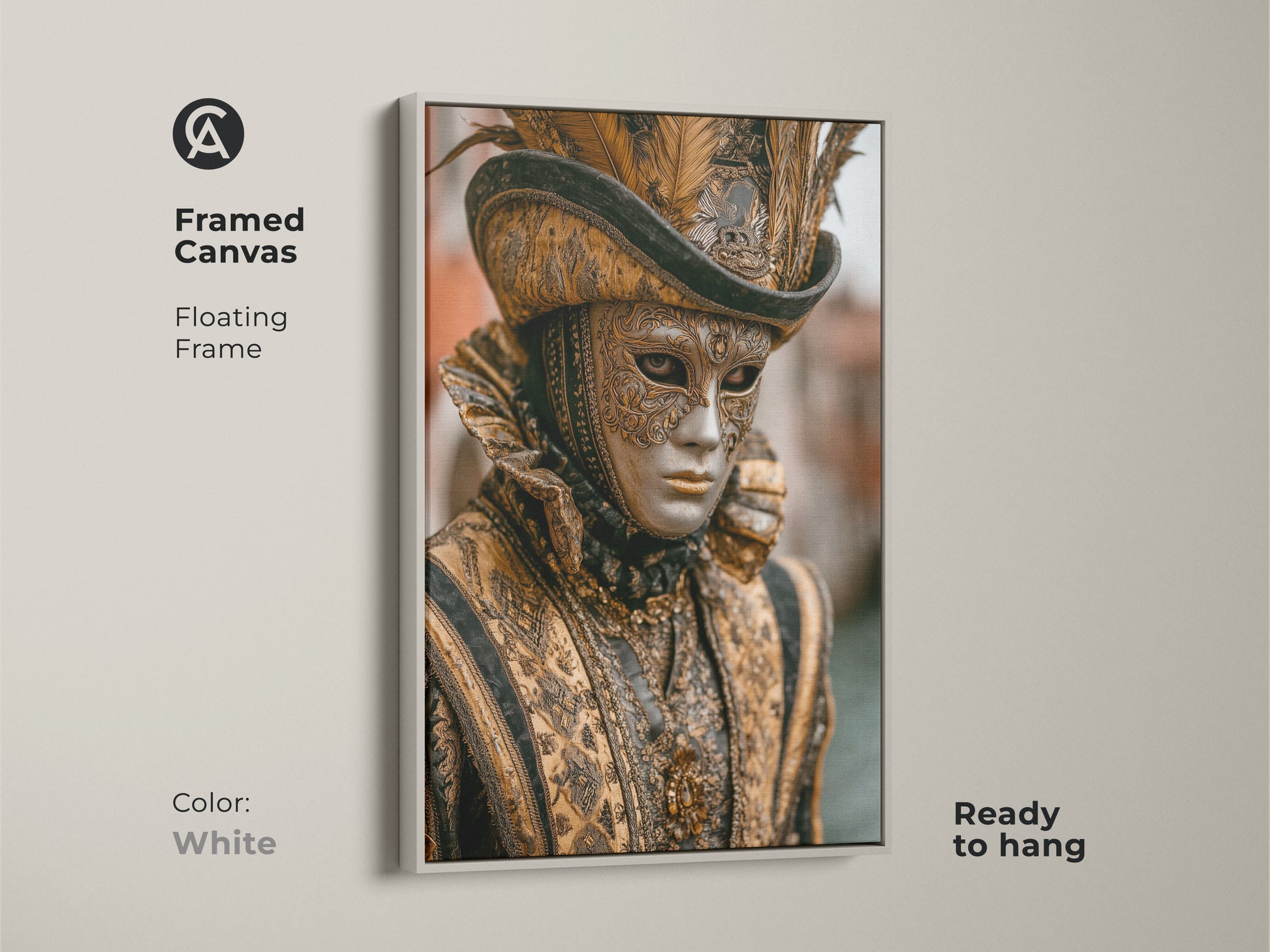 A Venetian mask canvas in a white floating frame. This baroque costume artwork is eclectic and ornate. The mask print is ready to hang. Add an artistic touch with this vintage style historical festival artwork. Perfect for eclectic home decor.