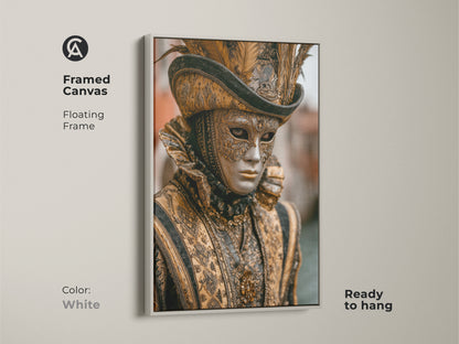 A Venetian mask canvas in a white floating frame. This baroque costume artwork is eclectic and ornate. The mask print is ready to hang. Add an artistic touch with this vintage style historical festival artwork. Perfect for eclectic home decor.