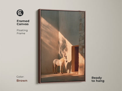 Framed canvas in brown featuring minimalist horse wall art. Photorealistic horse print in warm ochre tones. A floating frame enhances modern entry hall decor. This equestrian gift for her is ready to hang. The light and shadow add to the chic animal wall art. Ideal for beige neutral home decor.