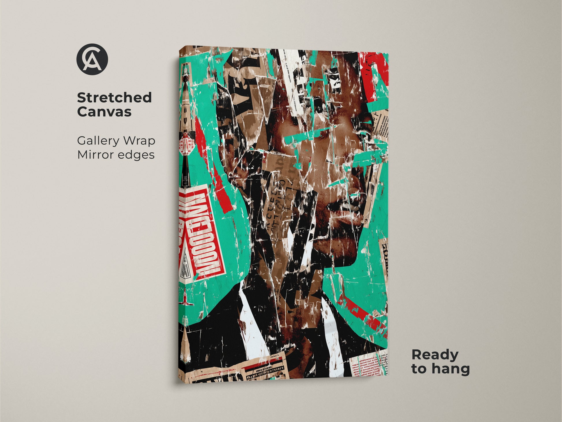 Stretched canvas print of an abstract face collage. This urban portrait wall art uses mixed media. The teal red and brown artwork provides an eclectic home decor accent. Ready to hang for easy display.