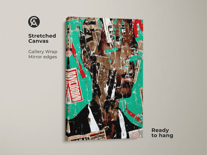Stretched canvas print of an abstract face collage. This urban portrait wall art uses mixed media. The teal red and brown artwork provides an eclectic home decor accent. Ready to hang for easy display.